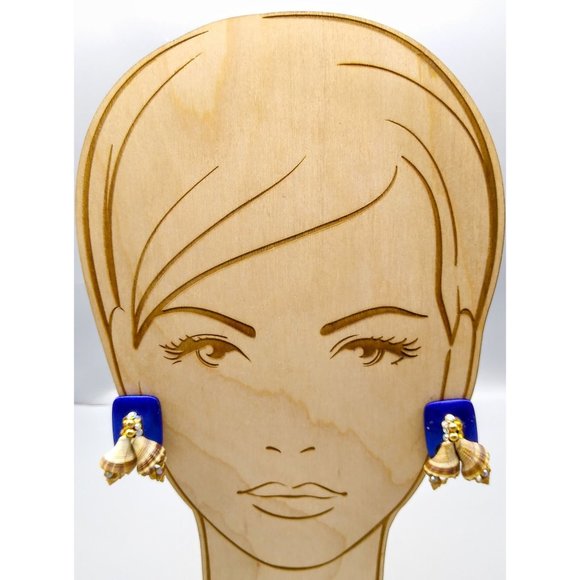 Vintage Genuine Seashell Earrings, Mid Century Blue Lucite w Shell Bells AB - Picture 3 of 6